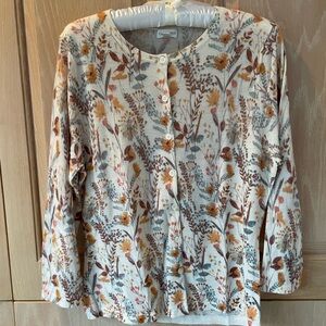 Garnet Hill Cream Floral Wool Cardigan with 3/4 Sleeves